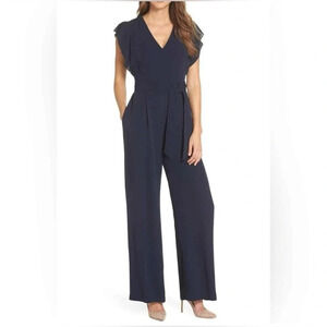 Eliza J Flutter Sleeve Crepe Wide Leg Navy Jumpsuit